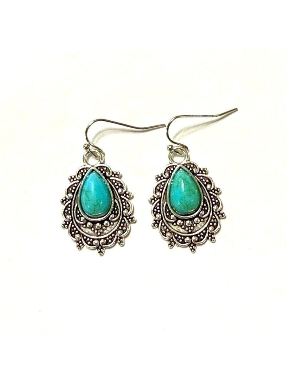 Earrings Boho Dangle Drop Silver Tone With Faux Turquoise New